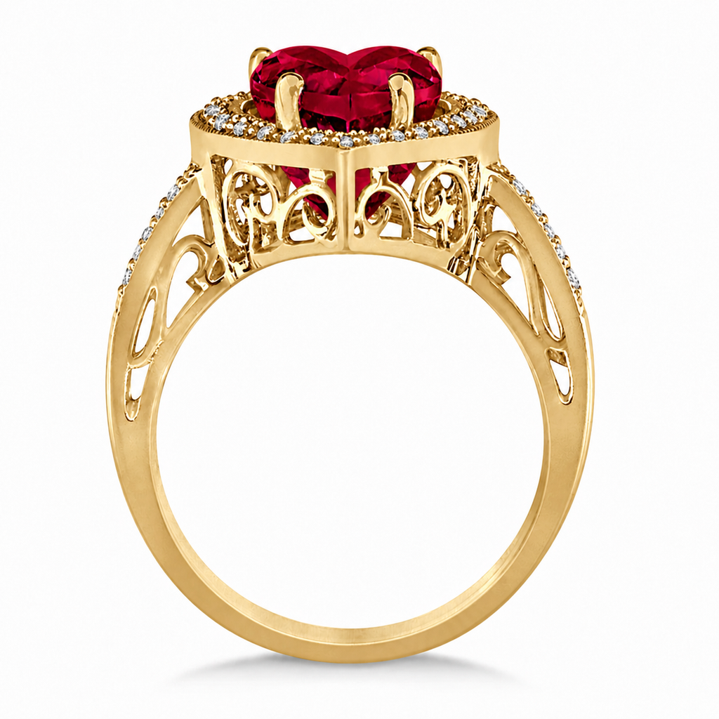Heart Shaped Lab Ruby & Diamond Ring Halo 14K Yellow Gold 4.21ct