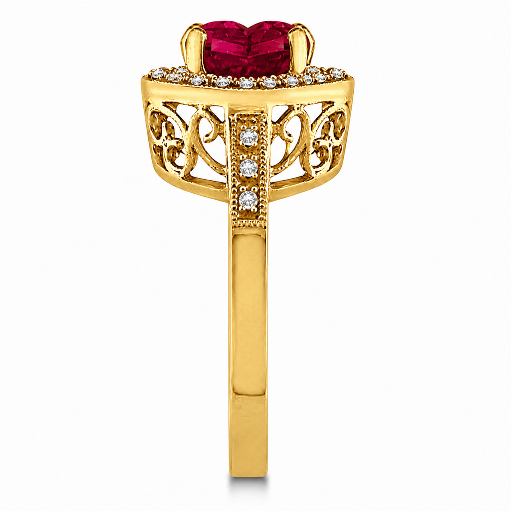Heart Shaped Lab Ruby & Diamond Ring Halo 14K Yellow Gold 4.21ct