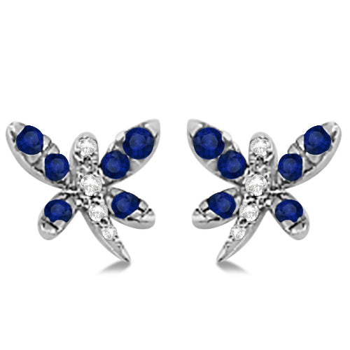 Blue Sapphire & Diamond Dragonfly Earrings 14K White Gold (0.54ctw)