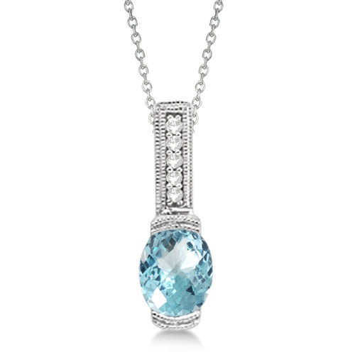Antique Diamond & Aquamarine Pendant Necklace 14k White Gold (1.10ct)