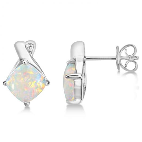Diamond & Cushion Opal Drop Earrings 14k White Gold (2.70ct)