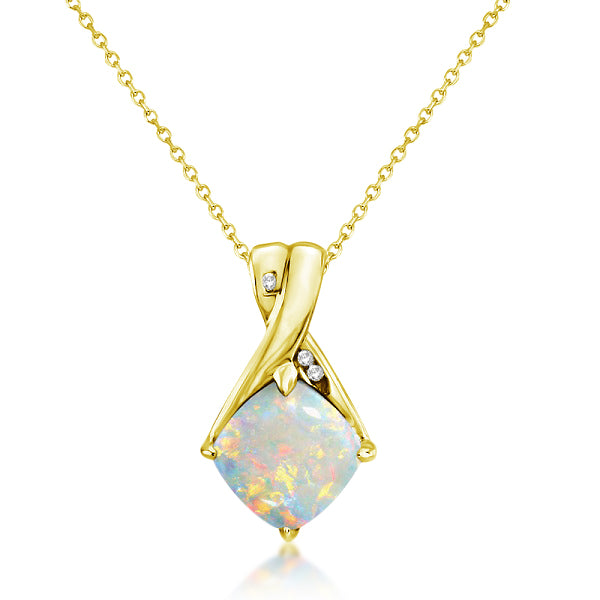 Diamond and Cushion Opal Pendant Necklace 14k Yellow Gold (1.36ct)