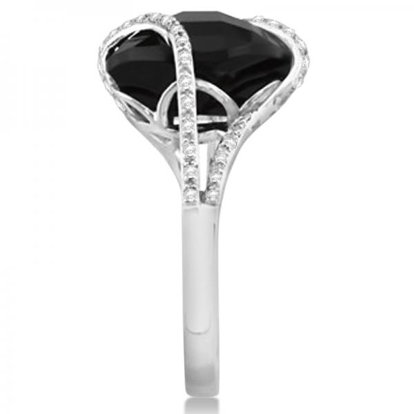 Diamond & Cushion Cut Black Onyx Fashion Ring 14k White Gold (7.04ct)