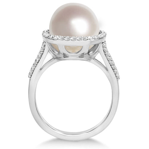 South Sea Cultured Pearl and Diamond Halo Ring 14K W. Gold (11mm)