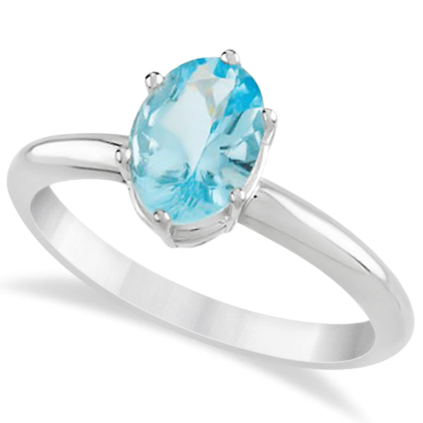 Oval Shaped Solitaire Aquamarine Gemstone Ring 14k White Gold 1.17ct