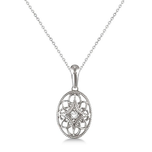 Vintage Style Oval Diamond Pendant Necklace Sterling Silver (0.03ct)