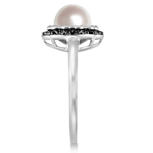 Freshwater Pearl Flower Ring w/ Black & White Diamonds 14K W. Gold 0.14cw