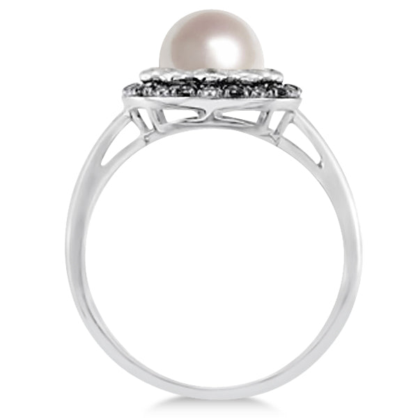 Freshwater Pearl Flower Ring w/ Black & White Diamonds 14K W. Gold 0.14cw