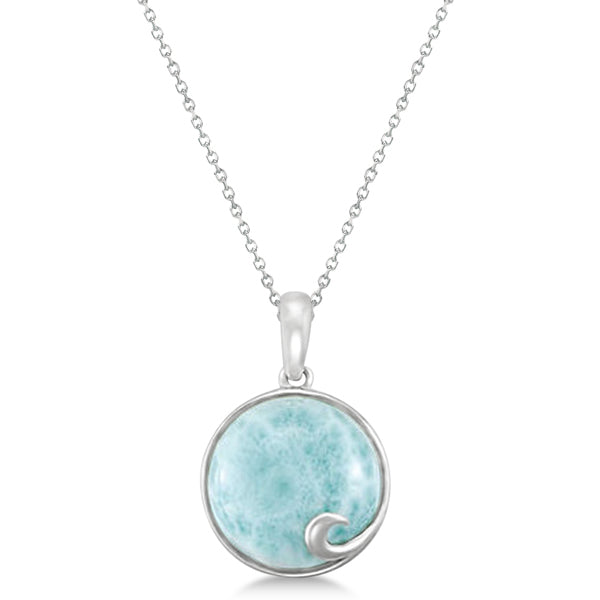 Round Genuine Larimar Pendant Necklace 14mm Gemstone Sterling Silver