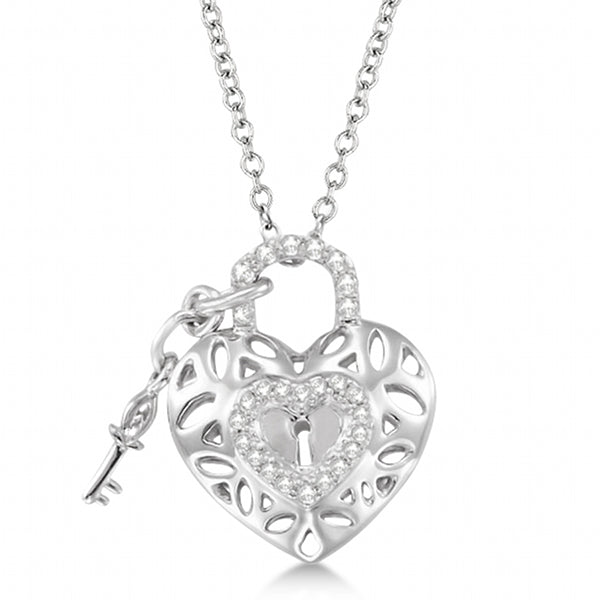 Diamond Heart Key and Lock Pendant Necklace Sterling Silver (0.16ct)