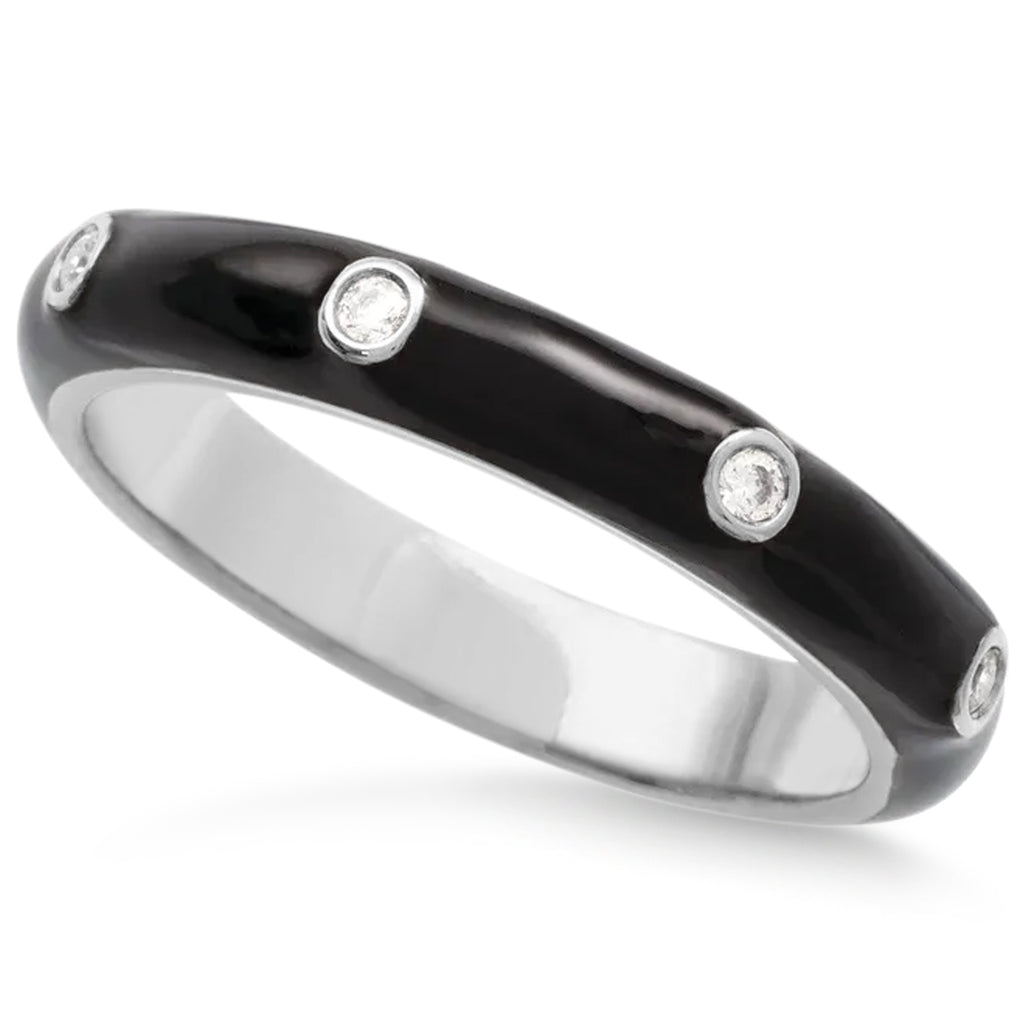 Natural Diamond & Black Enamel Ring 14K White Gold (0.05ct)