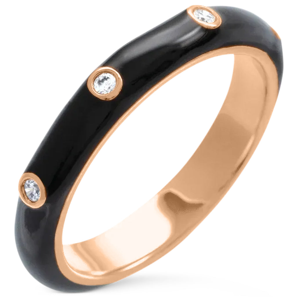 Natural Diamond & Black Enamel Ring 14K Rose Gold (0.05ct)