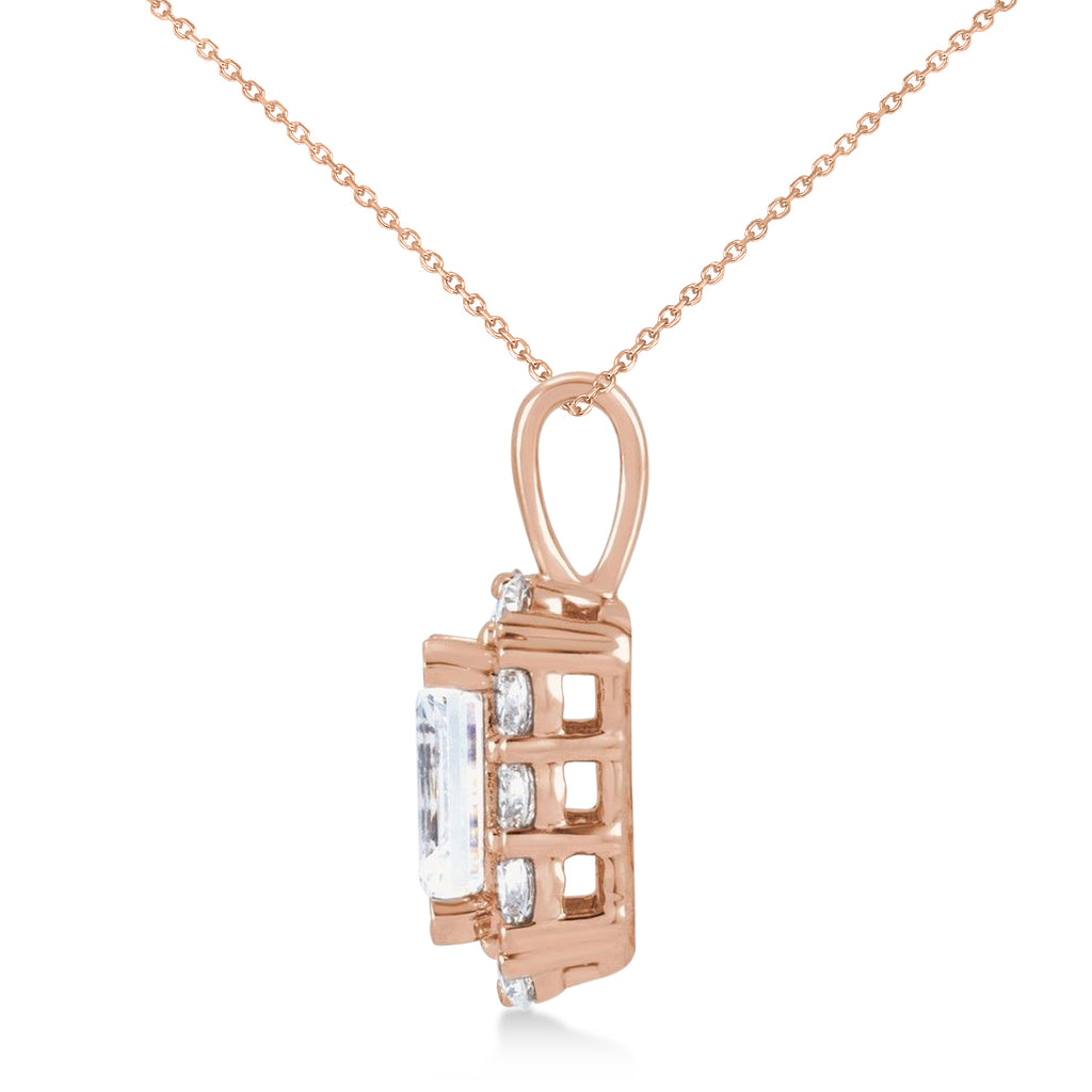 Emerald Cut Diamond Halo Pendant Necklace 14K Rose Gold (1.50ct)