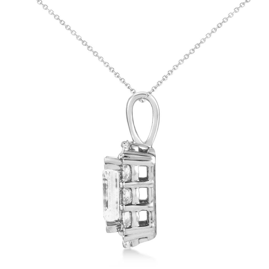 Emerald Cut Diamond Halo Pendant Necklace 14K White Gold (1.50ct)