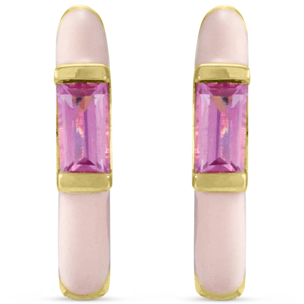 Natural Pink Tourmaline & Pink Enamel Hoop Earrings 14K Yellow Gold (0.13ct)