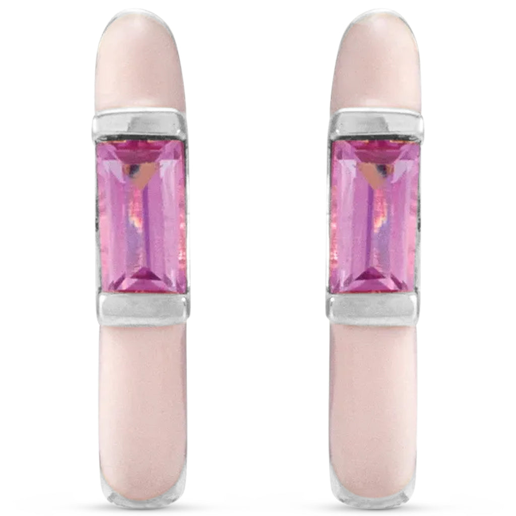 Natural Pink Tourmaline & Pink Enamel Hoop Earrings 14K White Gold (0.13ct)