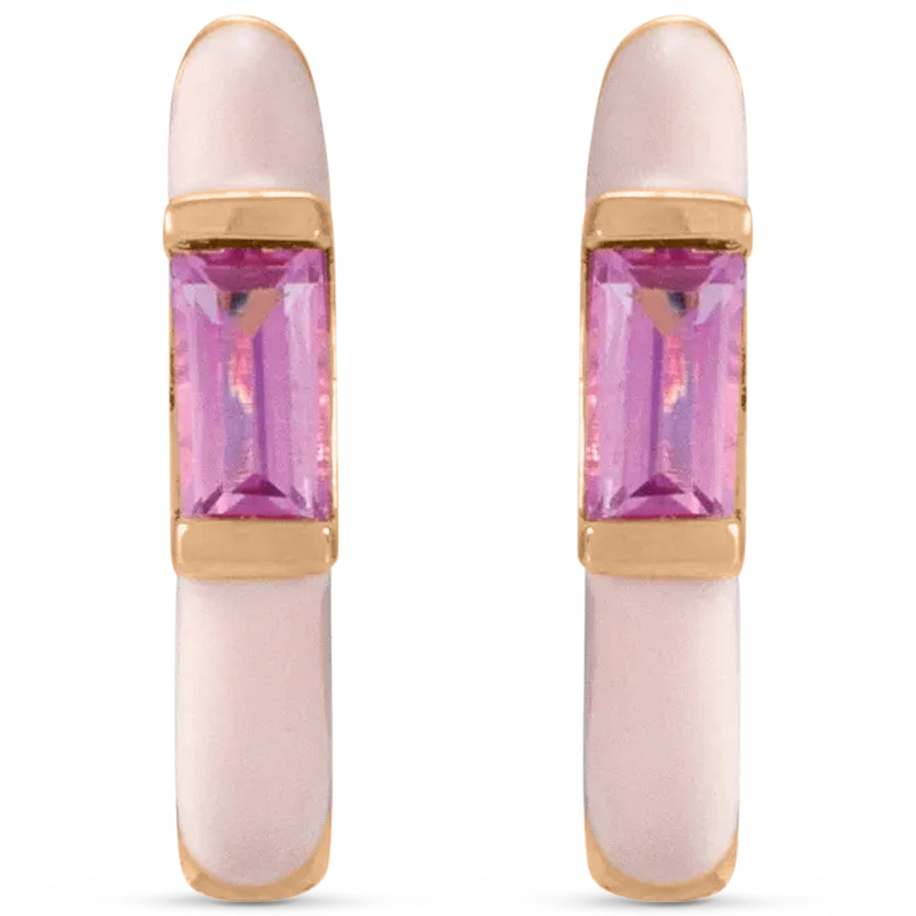 Natural Pink Tourmaline & Pink Enamel Hoop Earrings 14K Rose Gold (0.13ct)