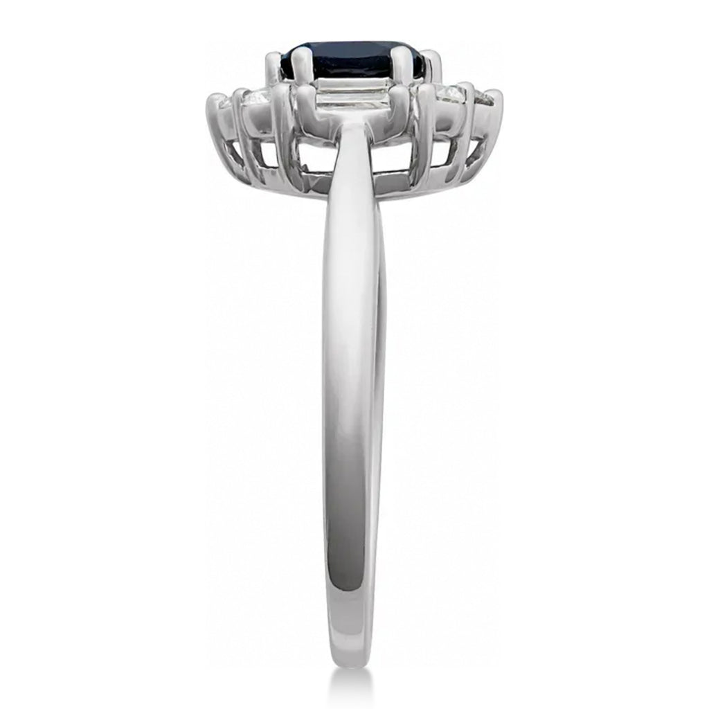 Oval Lab Grown Blue Sapphire & Diamond Halo Ring 14K White Gold (0.95ct)