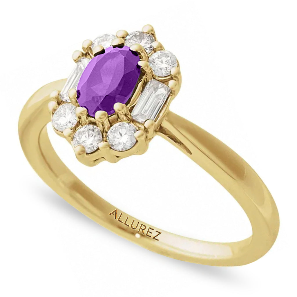 Oval Lab  Amethyst & Diamond Halo Ring 14K Yellow Gold (0.85ct)