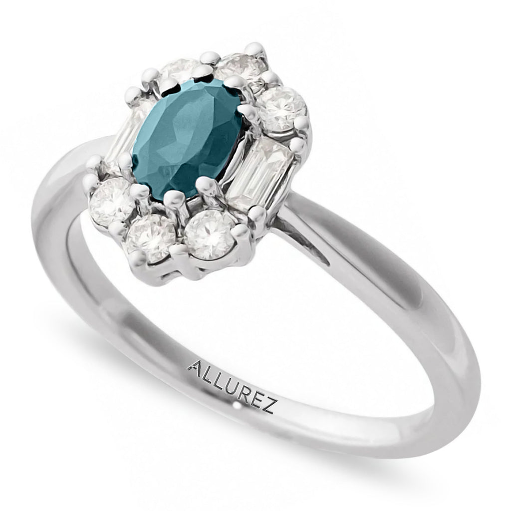 Oval Lab  Aquamarine & Diamond Halo Ring 14K White Gold (0.80ct)