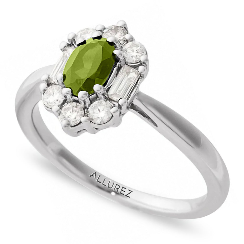 Oval Lab  Peridot & Diamond Halo Ring 14K White Gold (0.90ct)