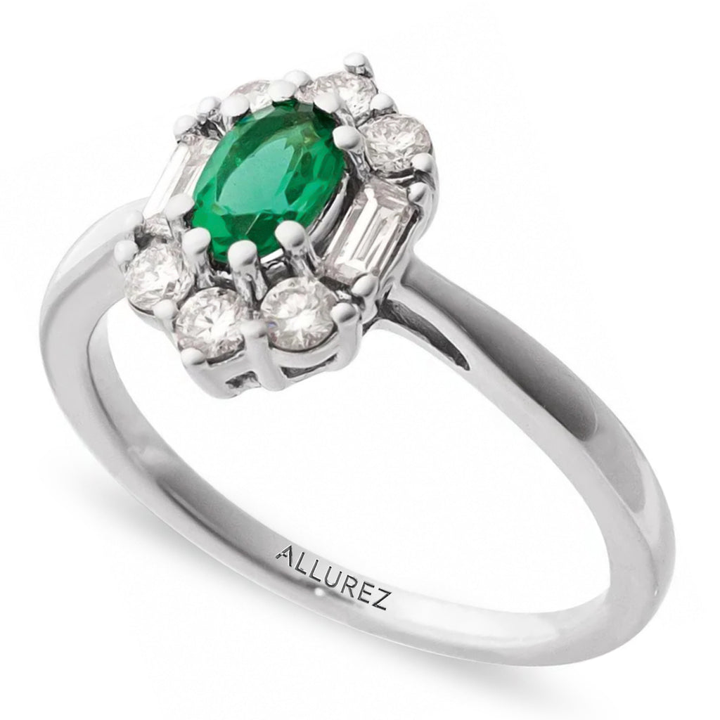 Oval Lab Grown Emerald & Diamond Halo Ring 14K White Gold (0.95ct)