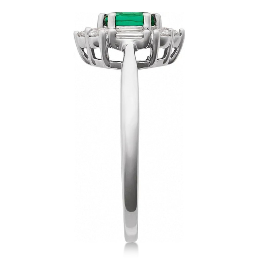 Oval Lab Grown Emerald & Diamond Halo Ring 14K White Gold (0.95ct)