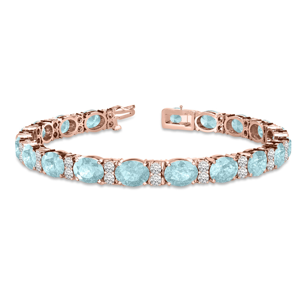Diamond & Oval Cut Aquamarine Tennis Bracelet 14k Rose Gold (13.62ct)