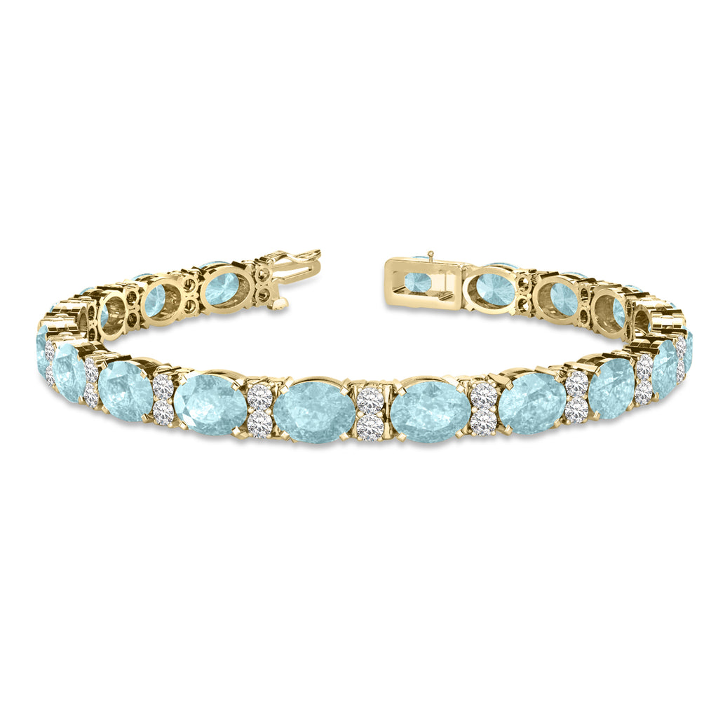 Diamond & Oval Cut Aquamarine Tennis Bracelet 14k Yellow Gold (13.62ct)