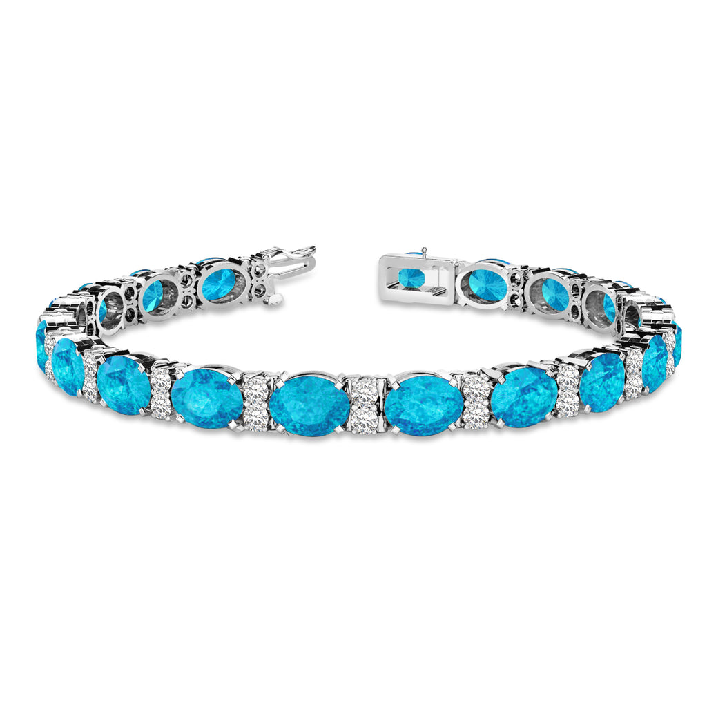 Diamond & Oval Cut Blue Topaz Tennis Bracelet 14k White Gold (13.62ct)