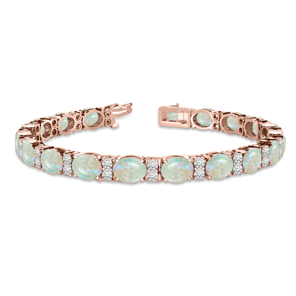 Diamond & Oval Cut Opal Tennis Bracelet 14k Rose Gold (13.62ct)