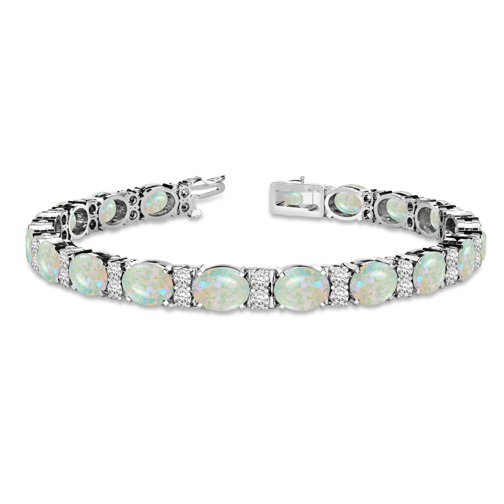 Diamond & Oval Cut Opal Tennis Bracelet 14k White Gold (13.62ct)