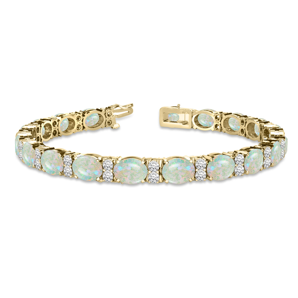 Diamond & Oval Cut Opal Tennis Bracelet 14k Yellow Gold (13.62ct)