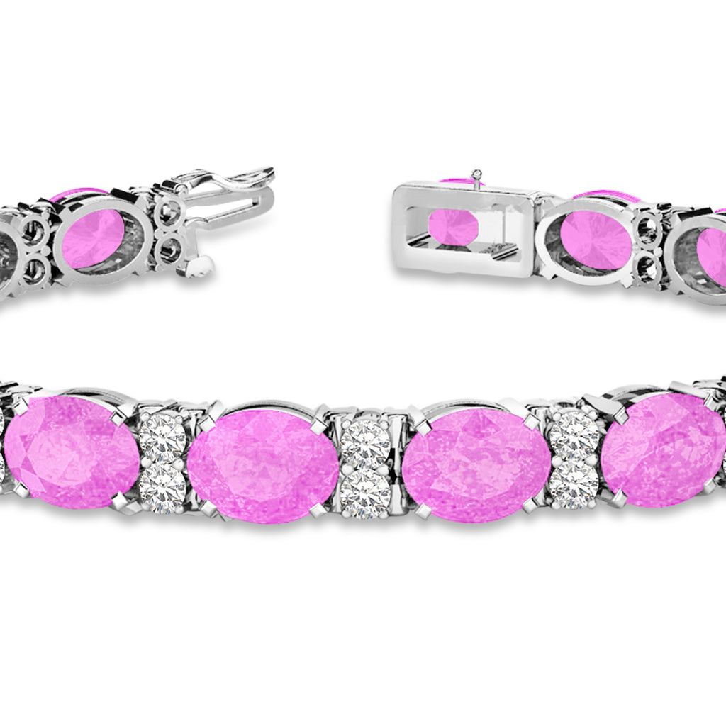 Diamond & Oval Cut Pink Sapphire Tennis Bracelet 14k White Gold (13.62ct)