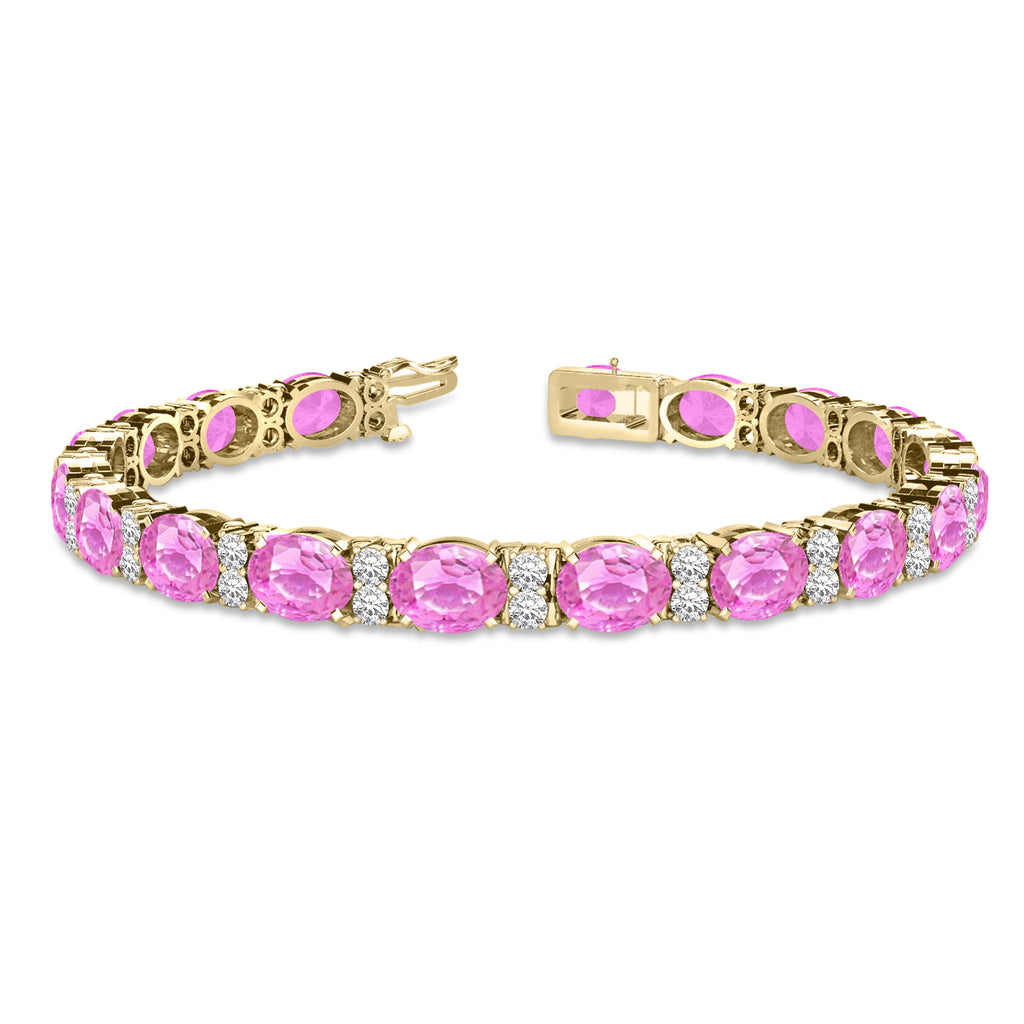Diamond & Oval Cut Pink Sapphire Tennis Bracelet 14k Yellow Gold (13.62ct)