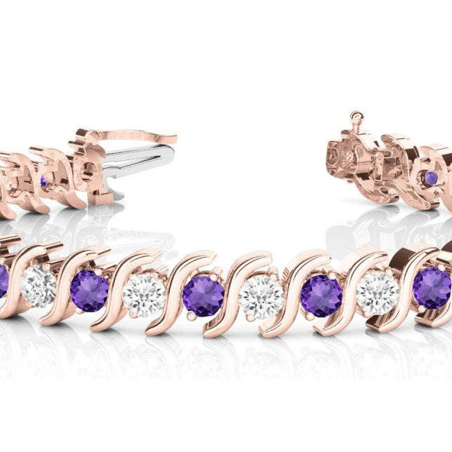 Amethyst & Diamond Tennis S Link Bracelet 14k Rose Gold (4.00ct)