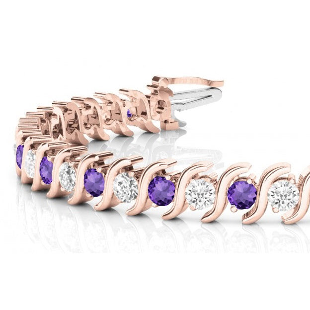 Amethyst & Diamond Tennis S Link Bracelet 14k Rose Gold (4.00ct)