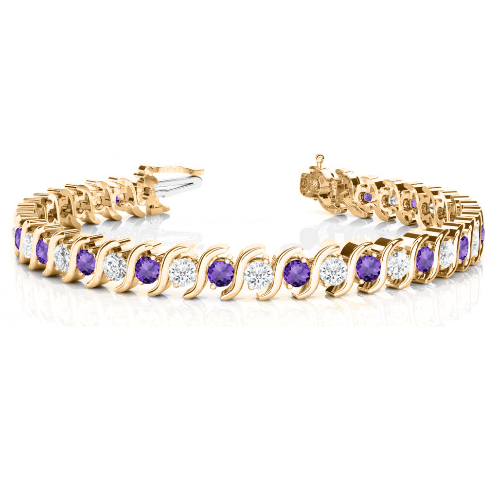 Amethyst & Diamond Tennis S Link Bracelet 14k Yellow Gold (4.00ct)