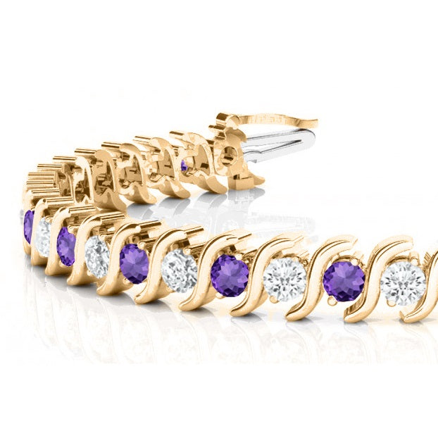 Amethyst & Diamond Tennis S Link Bracelet 14k Yellow Gold (4.00ct)