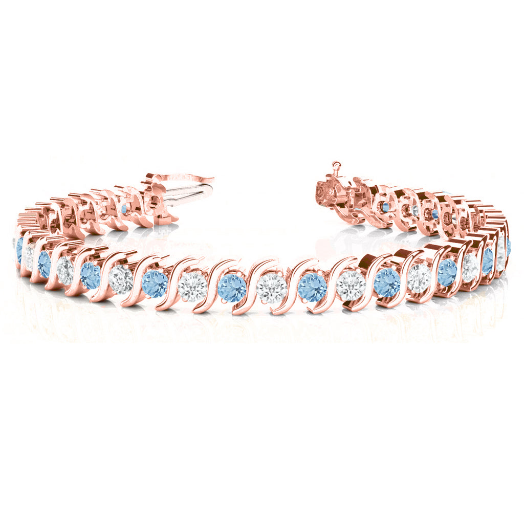 Aquamarine & Diamond Tennis S Link Bracelet 14k Rose Gold (4.00ct)