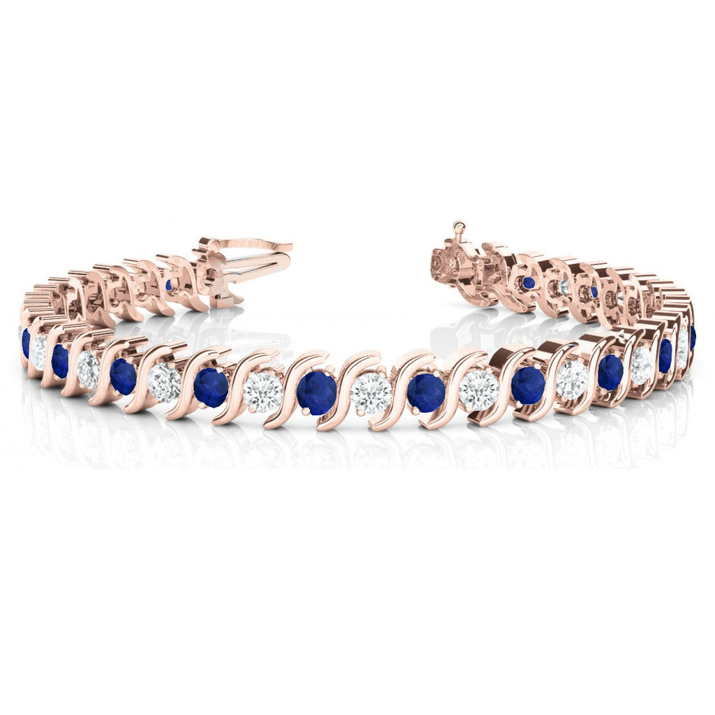 Blue Sapphire & Diamond Tennis S Link Bracelet 14k Rose Gold (4.00ct)