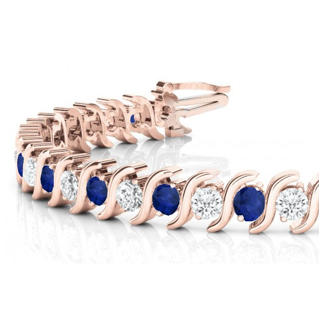 Blue Sapphire & Diamond Tennis S Link Bracelet 14k Rose Gold (4.00ct)
