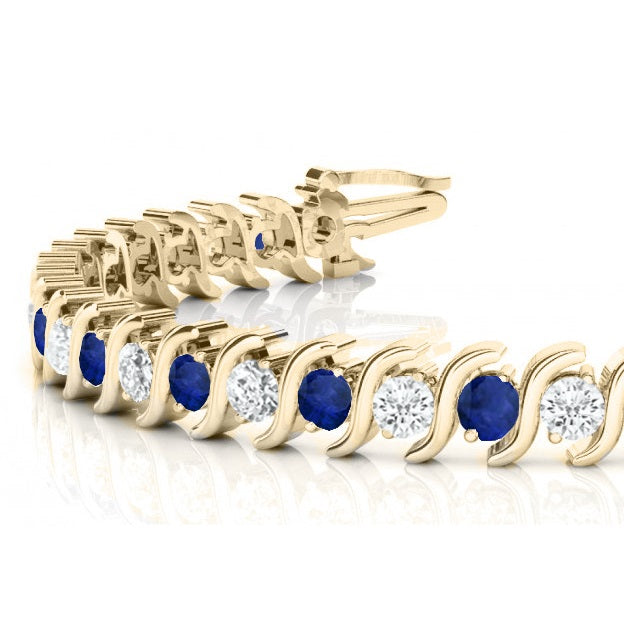 Blue Sapphire & Diamond Tennis S Link Bracelet 14k Yellow Gold (4.00ct)