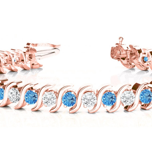 Blue Topaz & Diamond Tennis S Link Bracelet 14k Rose Gold (4.00ct)