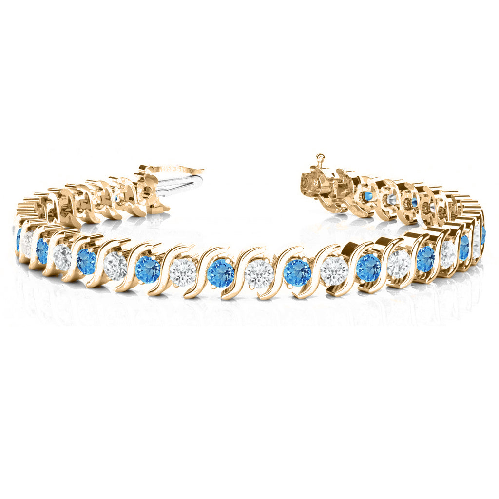 Blue Topaz & Diamond Tennis S Link Bracelet 14k Yellow Gold (4.00ct)