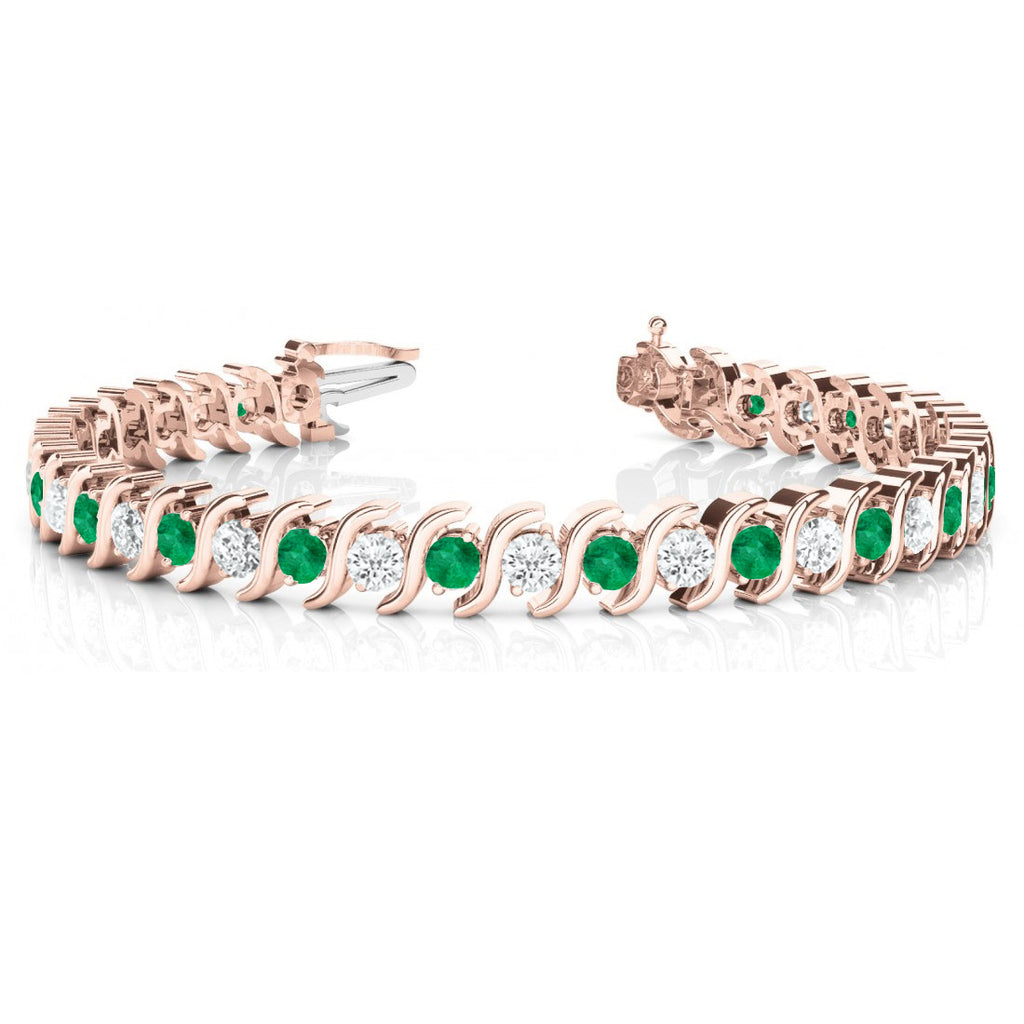 Emerald & Diamond Tennis S Link Bracelet 14k Rose Gold (4.00ct)