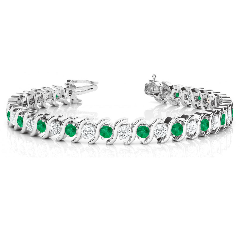 Emerald & Diamond Tennis S Link Bracelet 14k White Gold (4.00ct)