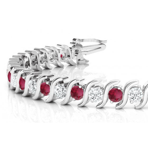 Garnet & Diamond Tennis S Link Bracelet 14k White Gold (4.00ct)