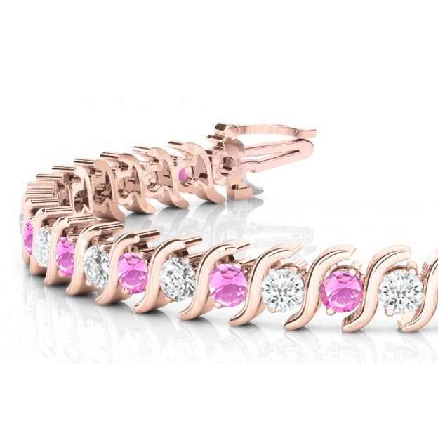 Pink Sapphire & Diamond Tennis S Link Bracelet 14k Rose Gold (4.00ct)