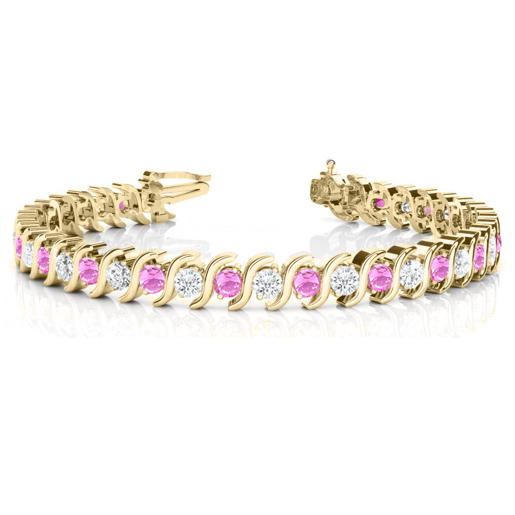 Pink Sapphire & Diamond Tennis S Link Bracelet 14k Yellow Gold (4.00ct)